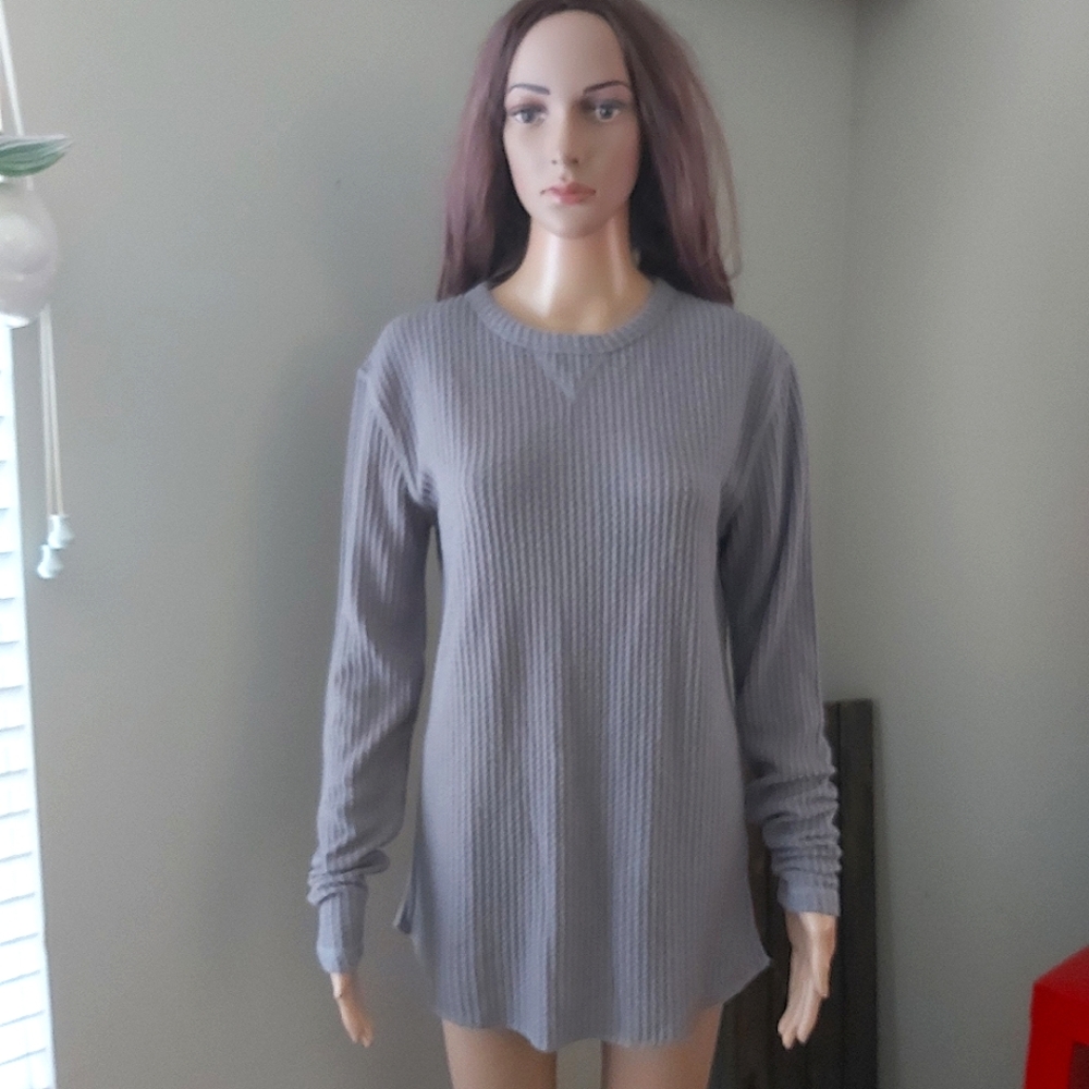 Urban Outfitters crew neck gray long line thermal sweater waffle knit